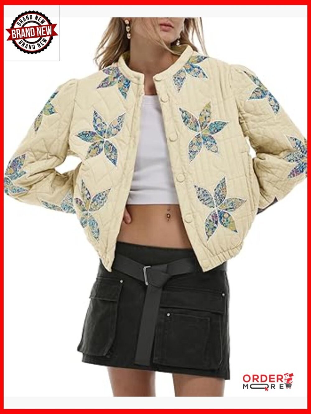 Women's Lightweight Floral Embroidered Cropped Quilted Jacket Winter Warm